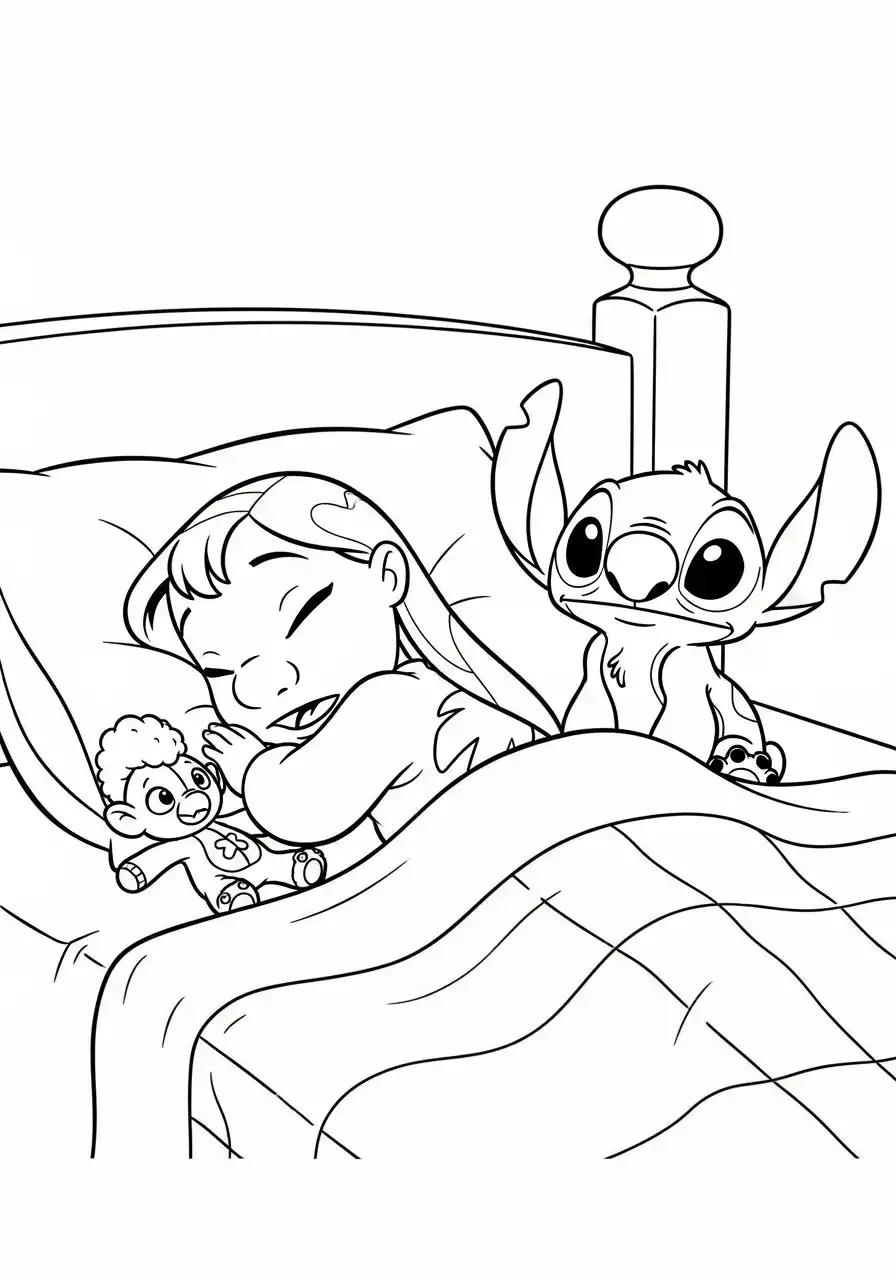 Lilo uyuyor, Stitch nöbet tutuyor boyama sayfası
